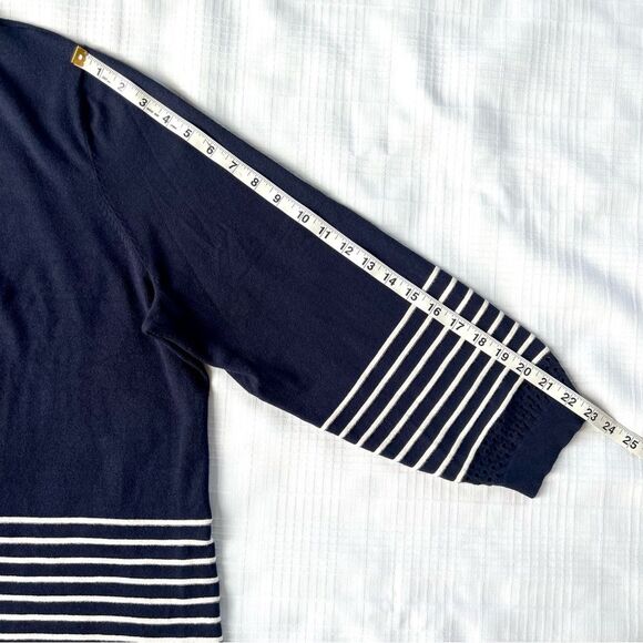 CJ Banks Preppy Navy White Striped Open Front Laser Cut Cardigan Sweater SZ 3X - Picture 6 of 10